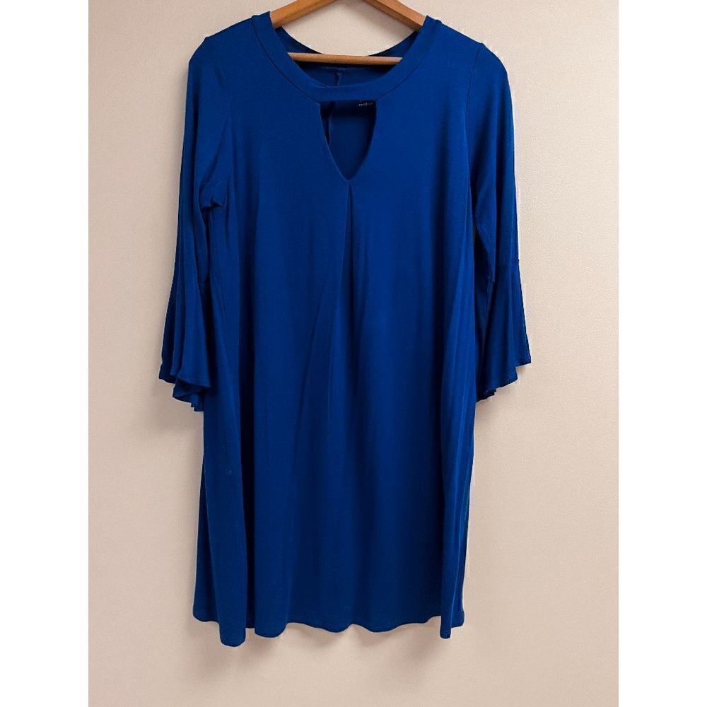 Alya Womens Long Bell Sleeve Crew neck Stretch Mini Dress Blue Sz M